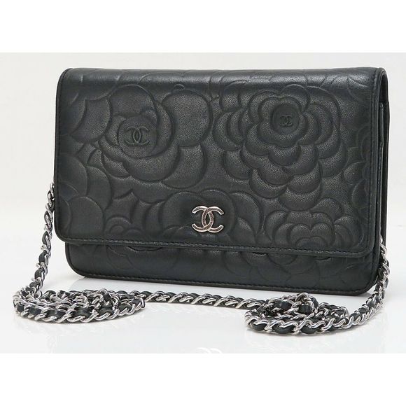 CHANEL Black Camellia Pattern Leather Wallet on Chain Bag WOC - Picture 1 of 12